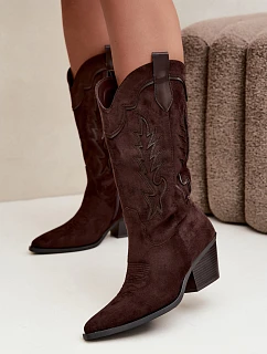 Dámské kozačky v stylu cowboy s podpatkem z eko semiše hnědé Jarissa