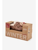 Dámské pantofle s ozdobami a sponou, zateplené kožíškem – hnědé Thalora