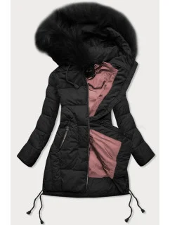 Černá prošívaná dámská zimní bunda s kapucí (7690)