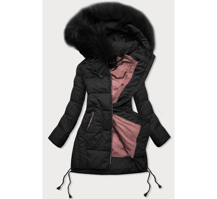 Černá prošívaná dámská zimní bunda s kapucí (7690)
