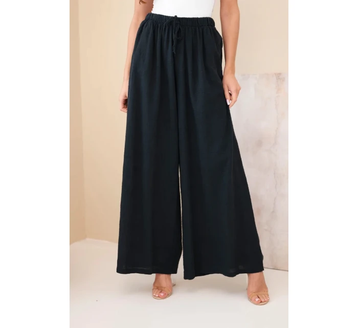 Dámské široké bavlněné kalhoty s gumou v pase černé