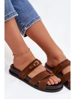 Dámské pantofle s pásky a zlatým sponou Hnědé model 21954730 - Boto