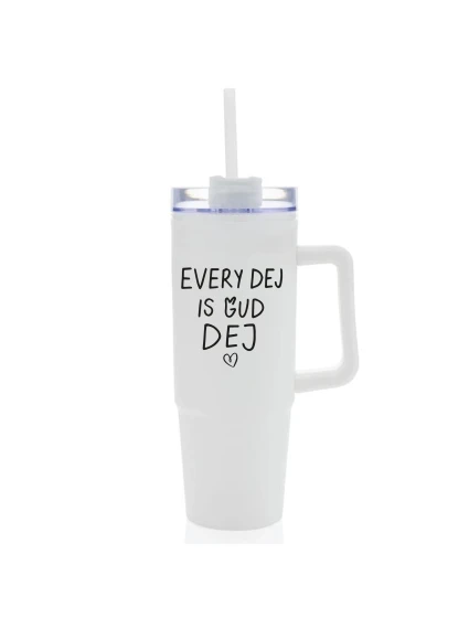 EVERY DEJ IS GUD DEJ - bílý cestovní hrnek s průhledným víčkem 900 ml  