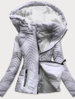 Krátká šedá prošívaná dámská bunda s kapucí (B9566)