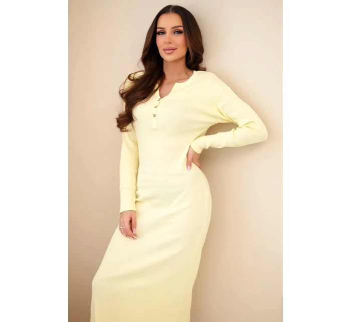 Dámská bavlněná šaty s dlouhým rukávem a výstřihem na knoflíky žlutá
