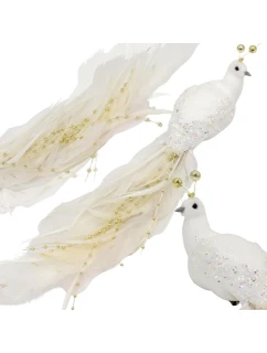 OZDOBNÝ PTÁČEK NA KLIPU 38CM BÍLÝ A ZLATÝ