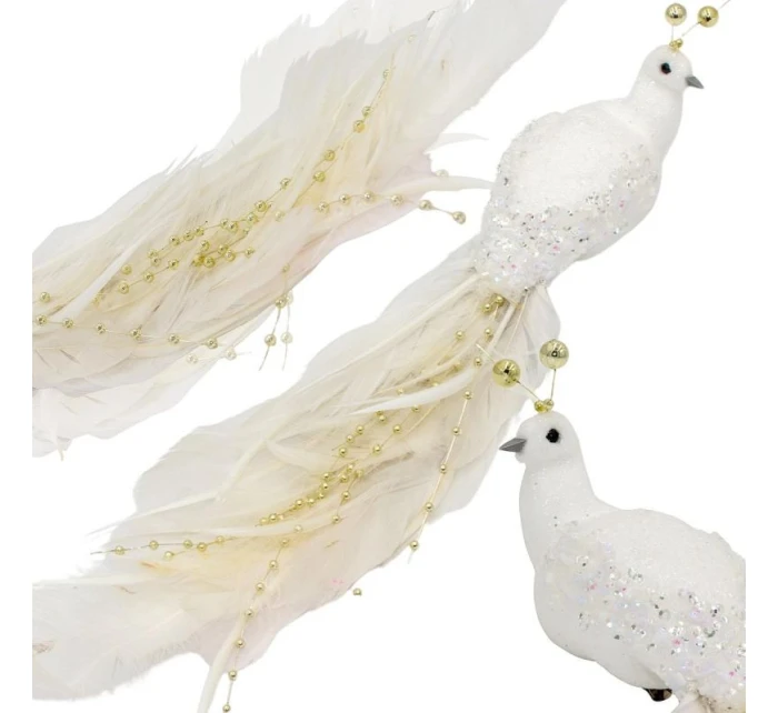 OZDOBNÝ PTÁČEK NA KLIPU 38CM BÍLÝ A ZLATÝ