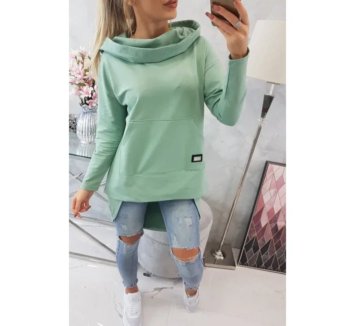 Mikina s kapucí s dlouhým zadním dílem tmavě mátová