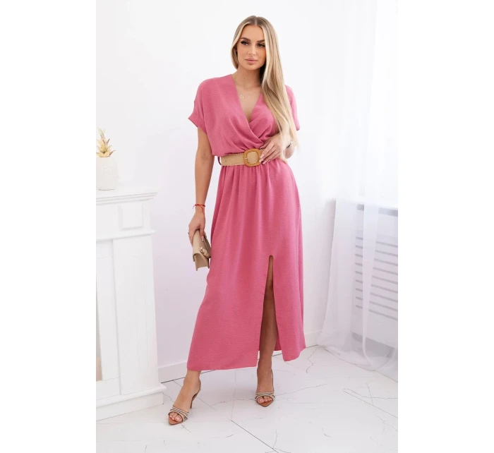 Dlouhé šaty s ozdobným páskem tmavě růžová