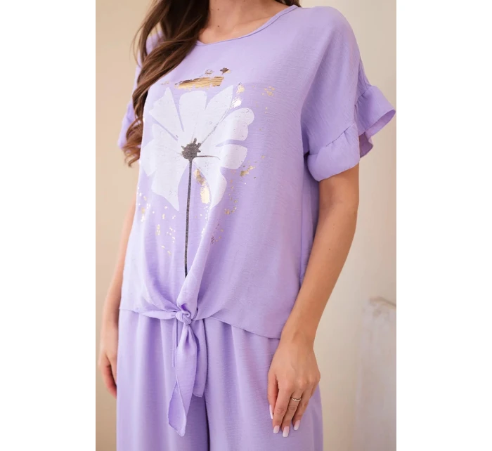 Dámský viskózový komplet s halenkou s potiskem a kalhotami světle fialový