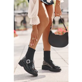 Lakované Kotníkové Boty Se Ponožkou A Přezkou Nazouvací Černé