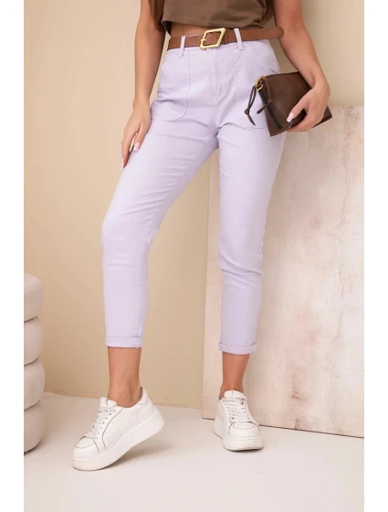 Dámské jarní boyfriend kalhoty s vysokým pasem a pásem M.Sara fialové