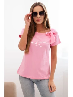 Dámská bavlněná halenka s mašlí na model 22014301 a s potiskem světle růžová - K-Fashion