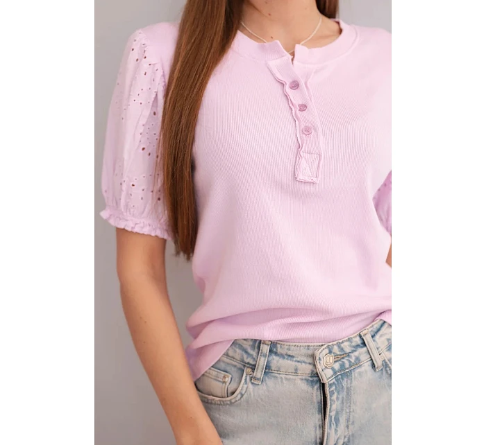 Dámská bavlněná žebrovaná halenka s model 22045177 rukávem a knoflíky světle fialová - K-Fashion