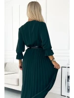 Dámské plisované maxi šaty v lahvově zelené barvě s výstřihem, opaskem a 3/4 rukávy model 22124213 - numoco basic