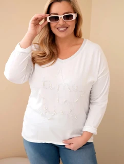 Dámská blůza Plus Size s potiskem a perlami bílá