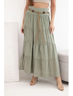 Dámská maxi bavlněná sukně s krajkovou výšivkou a elastickým pasem khaki