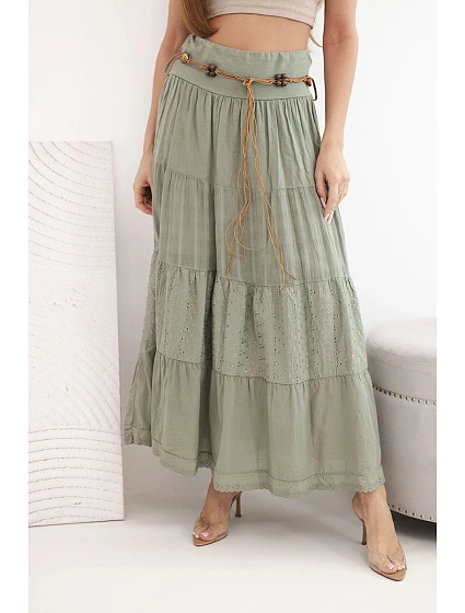 Dámská maxi bavlněná sukně s krajkovou výšivkou a elastickým pasem khaki