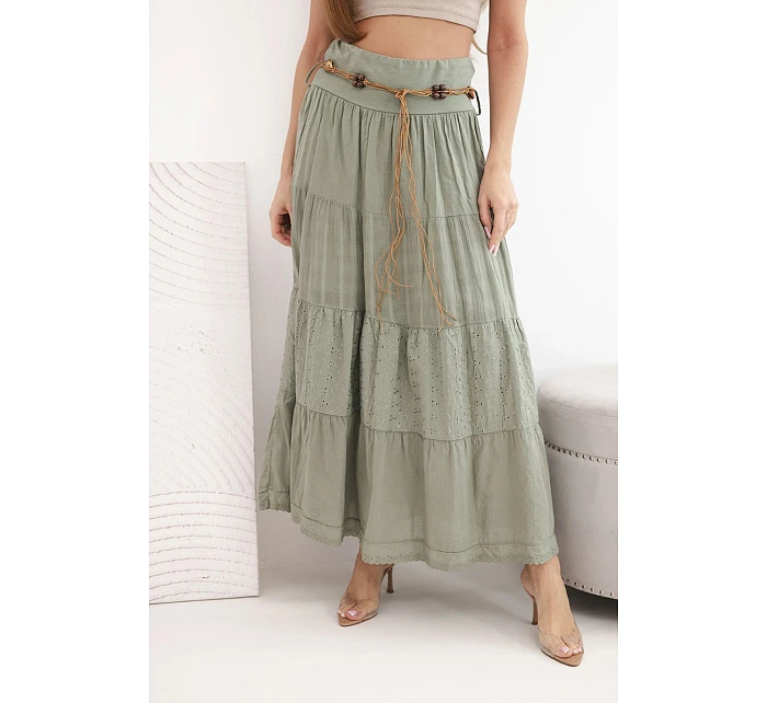 Dámská maxi bavlněná sukně s krajkovou výšivkou a elastickým pasem khaki