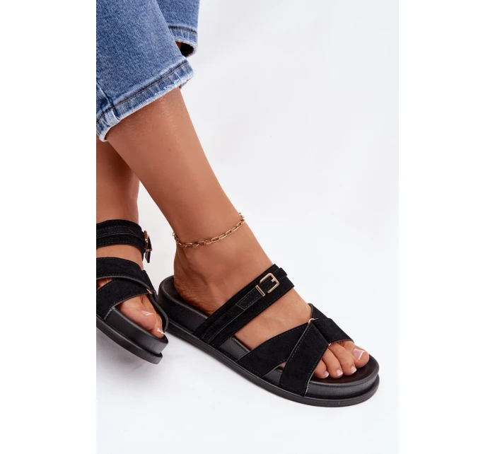 Dámské pantofle s pásky a zlatým přezkou Černé Selorina