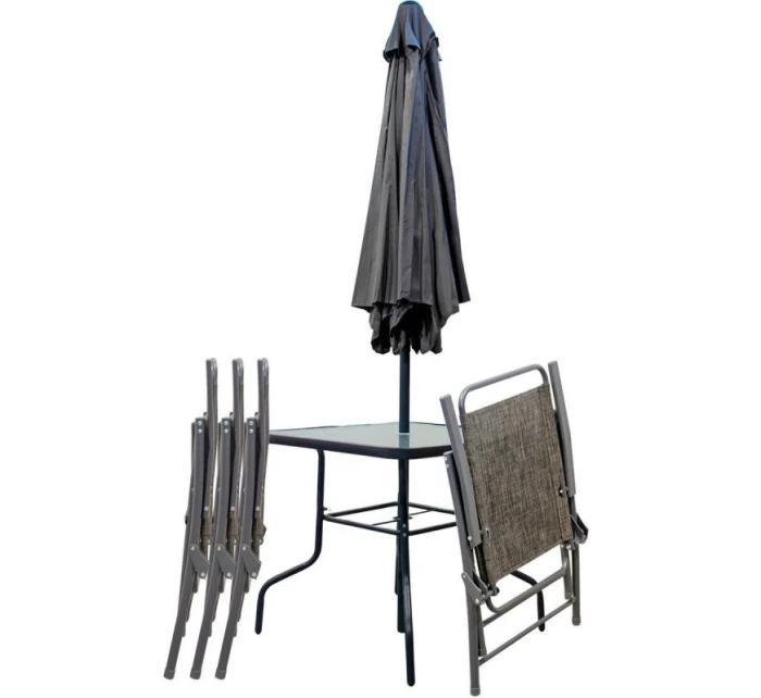 SADA ZAHRADNÍHO NÁBYTKU SYDNEY STŮL 4 ŽIDLE A SLUNEČNÍK ŠEDÁ