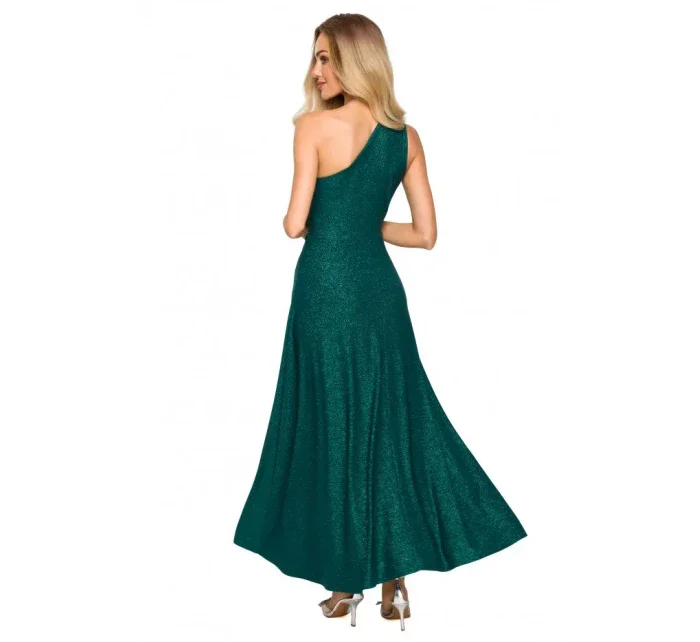 M718 Maxi šaty na jedno rameno - smaragdové