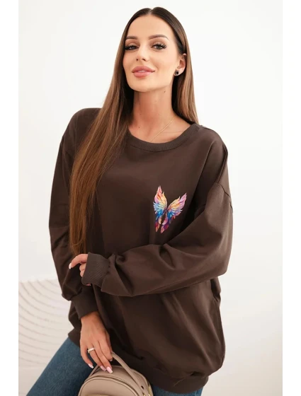 Dámská oversize mikina z bavlny s barevnými model 21421754 na zádech hnědá - K-Fashion