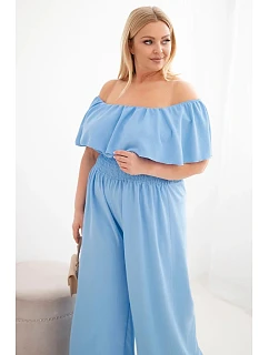 Dámský overal Plus Size s odhalenými model 22092406 s volánem a širokými nohavicemi modrý - K-Fashion