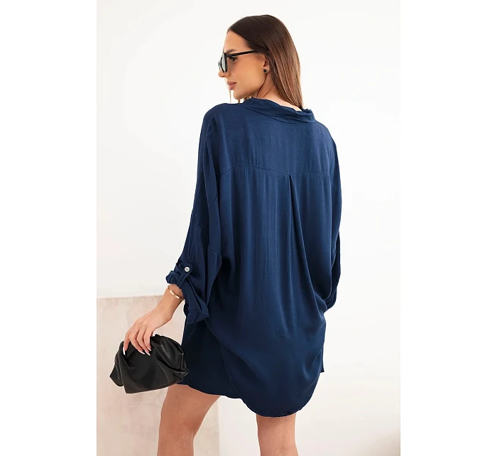 Dámský viskózový komplet košile s knoflíky a volné šortky námořnická modrá