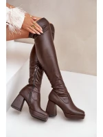 Přiléhavé kozačky nad kolena na podpatku tmavě hnědé model 21681373 - Boto
