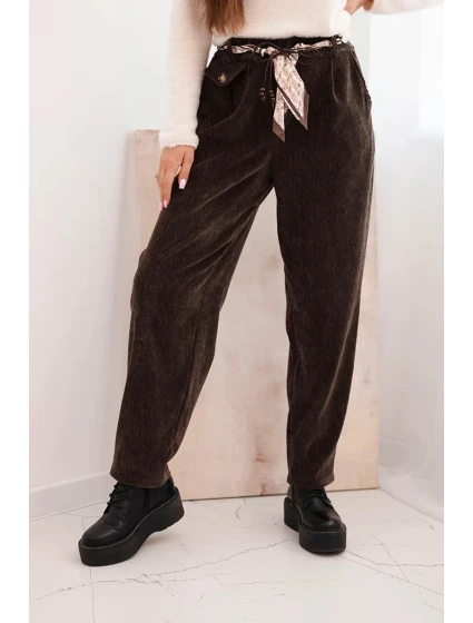 Dámské kalhoty z viskózy s model 21731254 páskem hnědé - K-Fashion