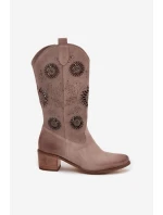 Semišové kožené dámské kozačky s vzorem  Cappuccino model 21713265 - Zazoo