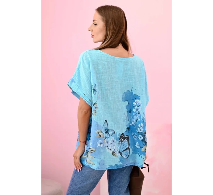Dámská bavlněná košile s model 21133384 a květinami tyrkys - K-Fashion