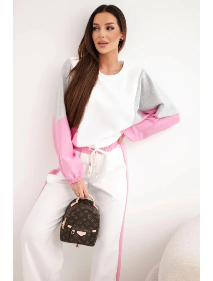 Dámská souprava s volnou mikinou a širokými kalhotami světle růžová