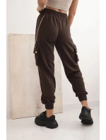 Dámské bavlněné cargo kalhoty s kapsami a řetízkem hnědé Dámské bavlněné cargo kalhoty s kapsami a řetízkem hnědé