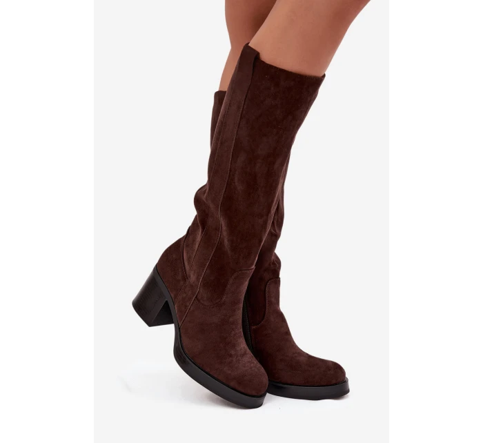 Dámské zimní kozačky na masivním podpatku čokoládové model 21715042 - Boto