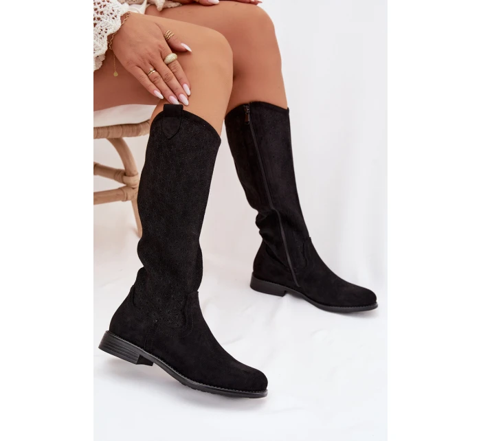 Dámské kozačky s otevřeným vzorem na nízkém podpatku S.Barski HY61-8022 Černé