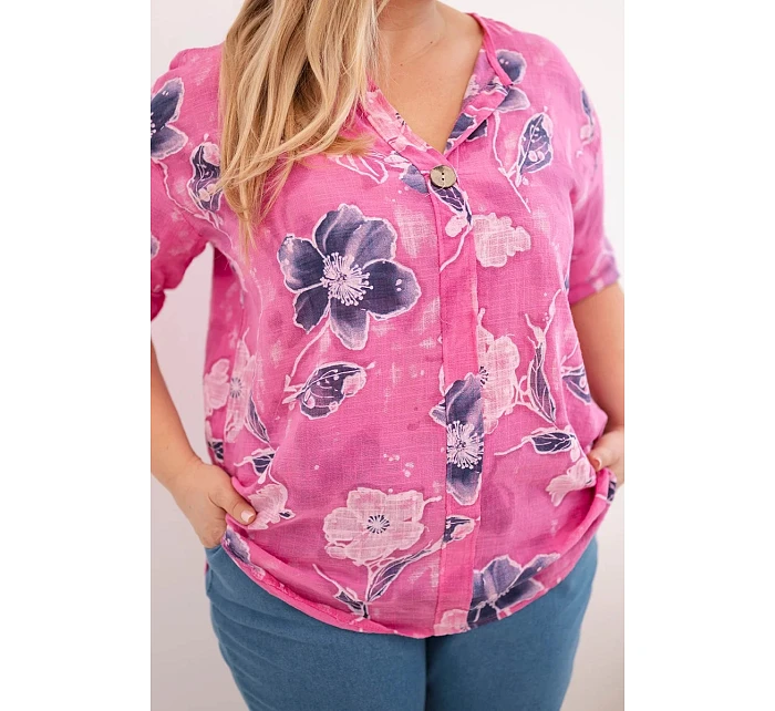 Dámská bavlněná halenka s květinovým vzorem plus size růžová