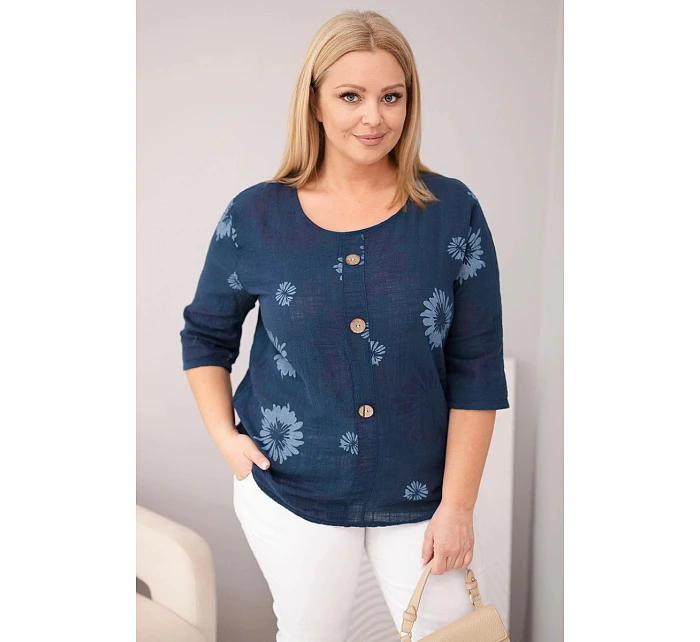 Dámská bavlněná halenka Plus Size s krátkým rukávem a knoflíky džínová