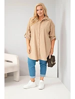 Dámská košile Plus Size z viskózy manšestrová s odepínacími rukávy camelová