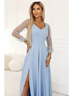 640-5 LORETTA jedinečné dlouhé šaty s tylovými rukávy a výstřihem - modré