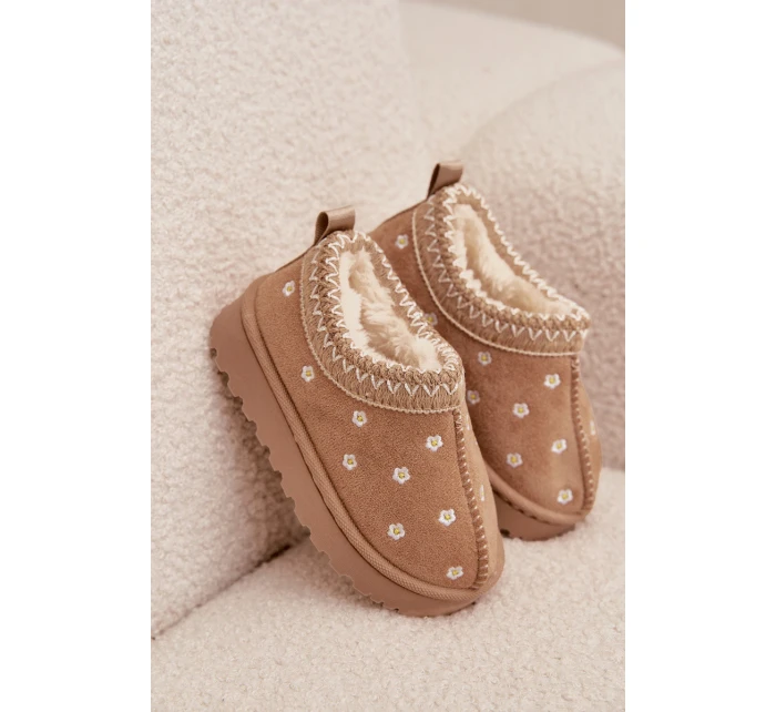 Dětské sněhule s květinami, zateplené kožíškem Palina – béžové