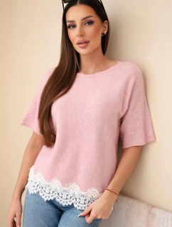 Dámský svetr s krátkým rukávem a krajkou tmavě pudrově růžový