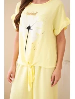 Dámský viskózový komplet s halenkou s potiskem a kalhotami žlutý