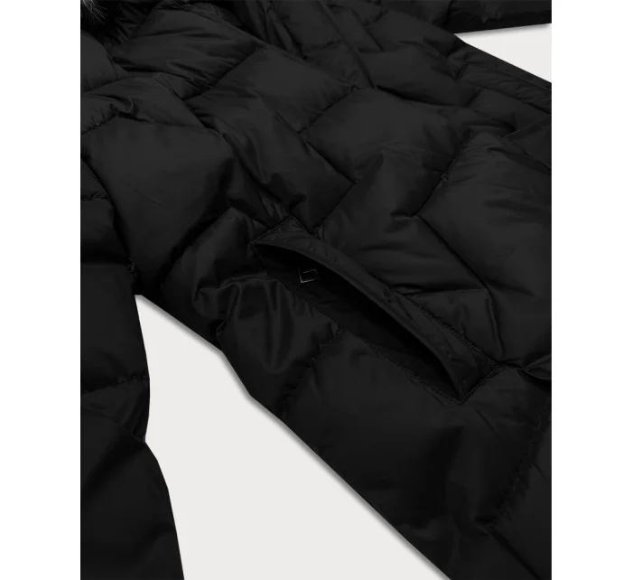 Černá dámská zimní bunda s ozdobnou kožešinou u kapuce Libland (LD-7789)