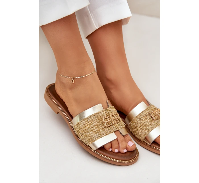 Kožené pantofle s ozdobným detailem a pletením Zazoo 40426 zlaté Kožené pantofle s ozdobným detailem a pletením Zazoo 40426 zlaté