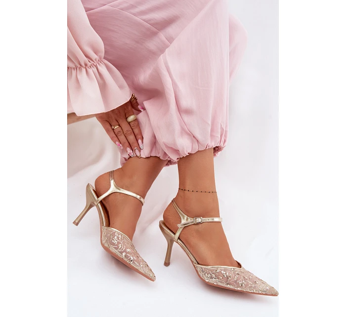 Pánské síťované dámské sandály na jehlovém podpatku se zdobením Zlato model 22103194 - Boto