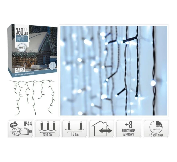 VÁNOČNÍ STROMEK SVĚTLA VENKOVNÍ SVĚTLO OPONA 360 VEDL ČASOVAČ STUDENÁ BÍLÁ PRŮHLEDNÝ KABEL