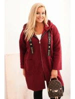 Dámský kabát Plus Size z umělého beránka s kapucí a kapsami bordový