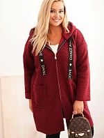 Dámský kabát Plus Size z umělého beránka s kapucí a kapsami bordový